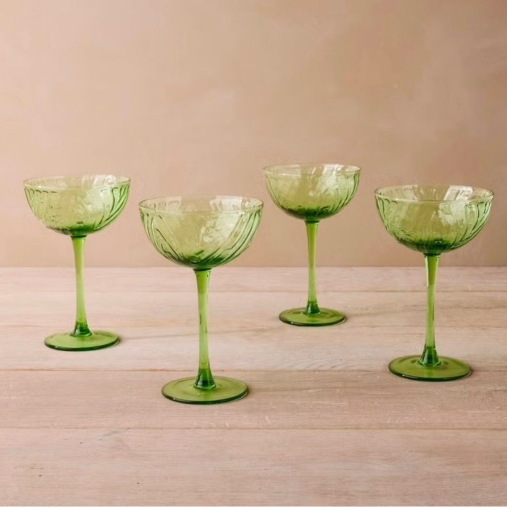 John Derian Green Wavy Glass Set of 4 Coupe Cocktail Glasses
